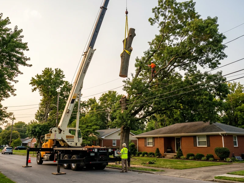 Crane lifting a heavy tree section over a Bowling Green home
