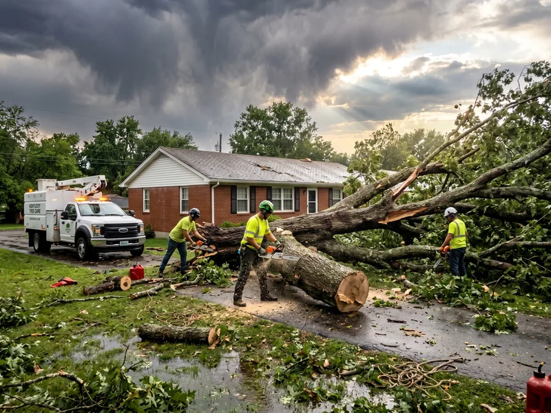 Crew clearing a fallen tree from a Bowling Green driveway after a storm
