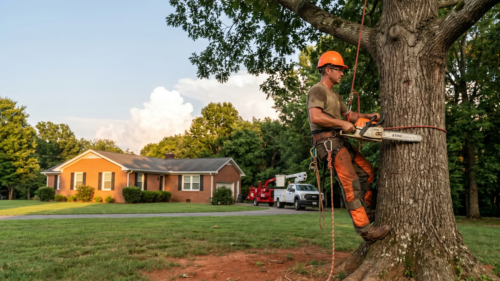 Arborist removing a large oak tree at a Bowling Green, KY home