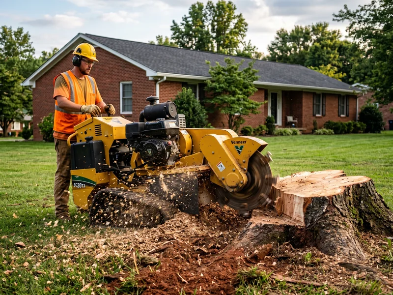 Stump grinder reducing an oak stump below grade